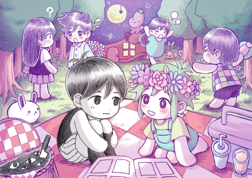 >o<, 2girls, 4boys, ?, aubrey_(headspace)_(omori), aubrey_(omori), basil_(headspace)_(omori), basil_(omori)