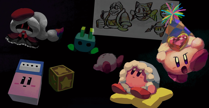 argyle_clothes, argyle_hat, bandana_waddle_dee, beret, black_background, black_dress, blue_eyes, blue_hat