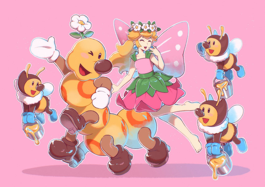 1girl, 4others, alternate_costume, antennae, artist_name, barefoot, bee, bee_wings
