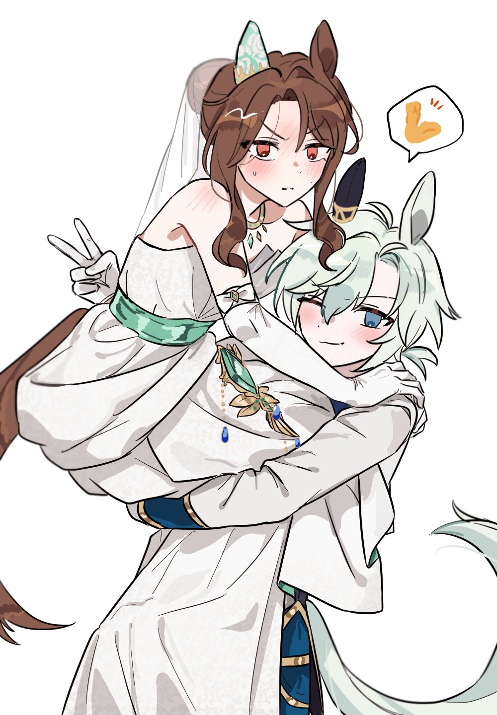 2girls, animal_ears, bare_shoulders, blue_eyes, blue_shorts, blush, bow, bride