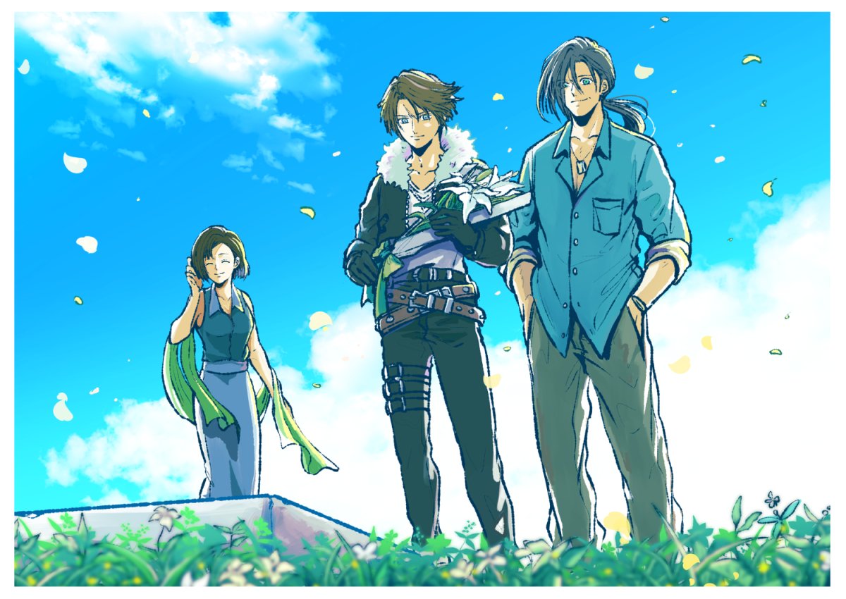 1girl, 2boys, belt, black_gloves, black_hair, black_pants, blue_eyes, bouquet, brown_hair, chain, chain_necklace, closed_eyes, commentary_request, cropped_jacket, dog_tags, ellone, father_and_son, final_fantasy, final_fantasy_viii, flower, fur-trimmed_jacket, fur_trim, gloves, grass, green_shawl, hands_in_pockets, holding, holding_bouquet, jacket, jewelry, laguna_loire, long_hair, multiple_belts, multiple_boys, necklace, nisankagames, outdoors, pants, petals, ponytail, scar, scar_on_face, scar_on_forehead, shirt, short_hair, skirt, sleeves_rolled_up, smile, squall_leonhart, standing, studded_belt, v-neck, white_fur, white_shirt