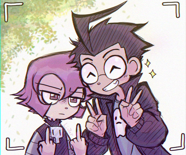 1boy, 1girl, alien, black_hair, brown_eyes, dib_(invader_zim), double_middle_finger, double_v