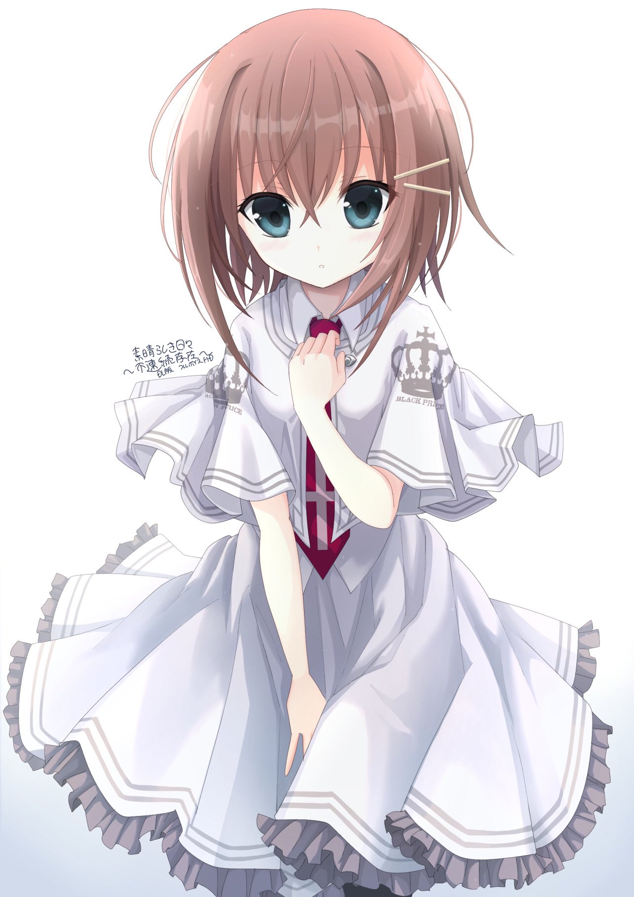 1girl, alternate_costume, aqua_eyes, blush, brown_hair, c22vt1myjpljbnn, capelet, clenched_hand