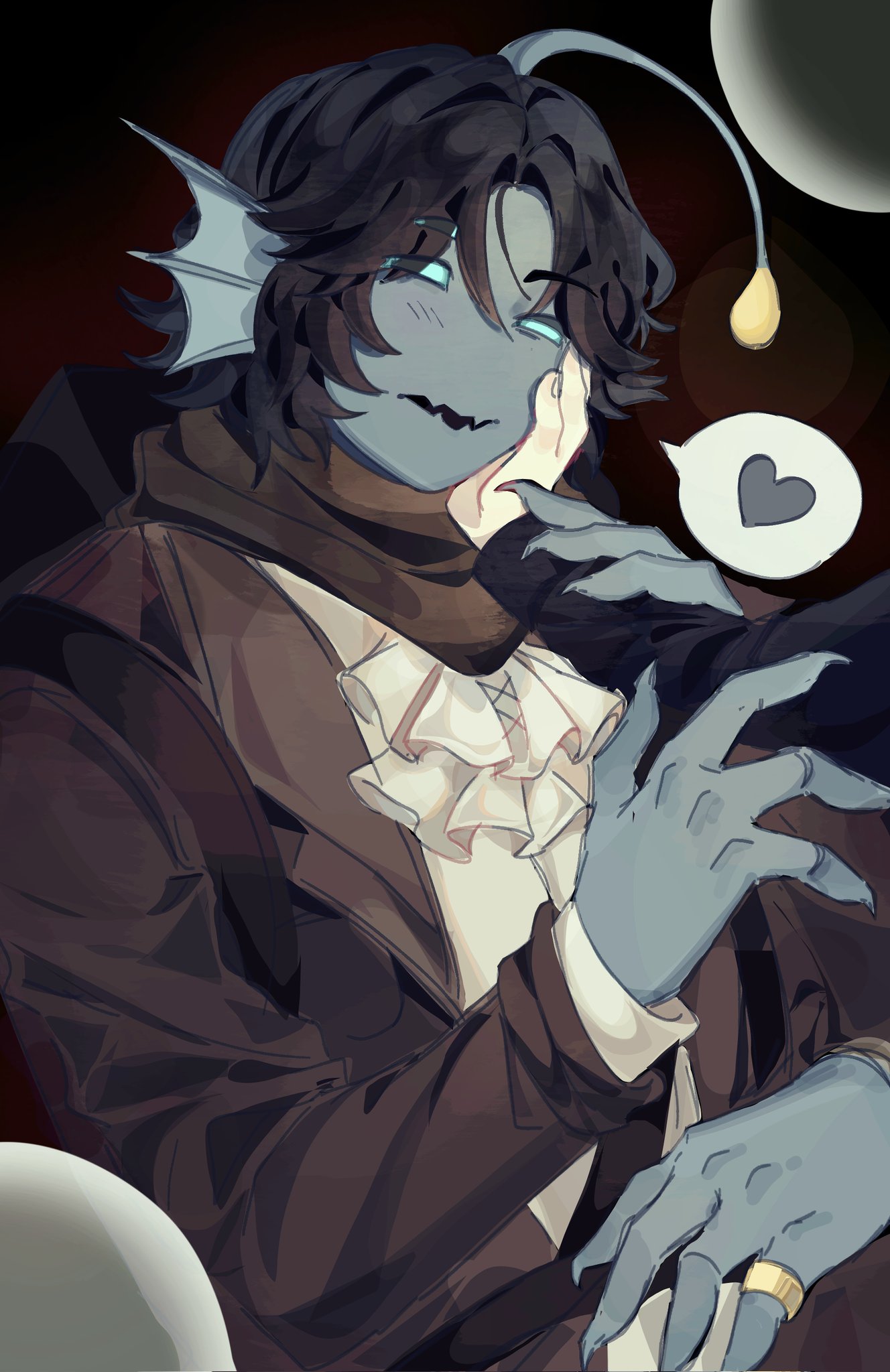 1boy, 1other, anglerfish_boy, ascot, black_hair, blue_eyes, blue_skin, brown_coat