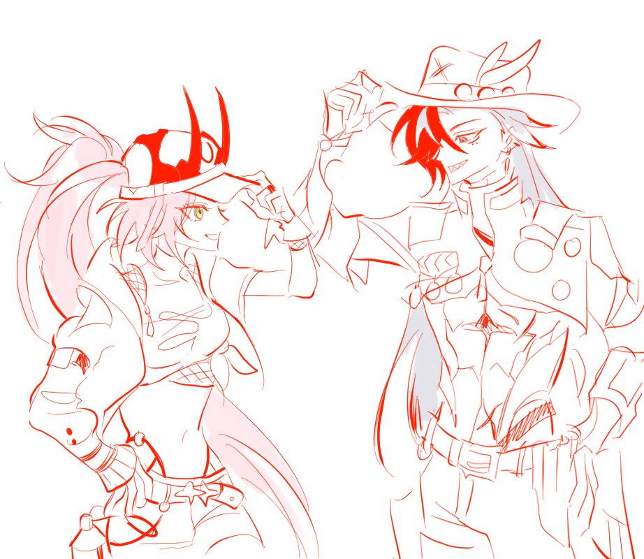 1boy, 1girl, abs, arm_up, asymmetrical_sleeves, baseball_cap, belt, boothill_(honkai:_star_rail)