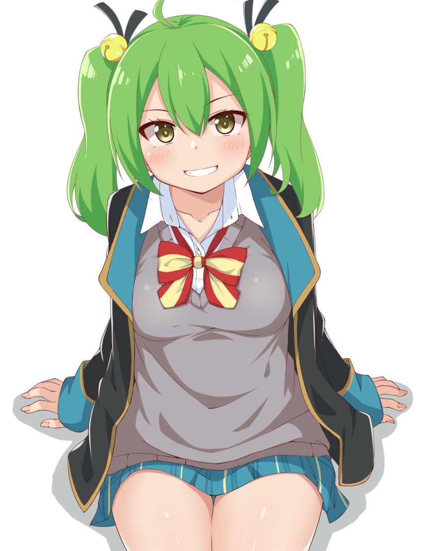 1girl, :d, ahoge, arms_at_sides, bell, black_jacket, black_ribbon, blue_skirt