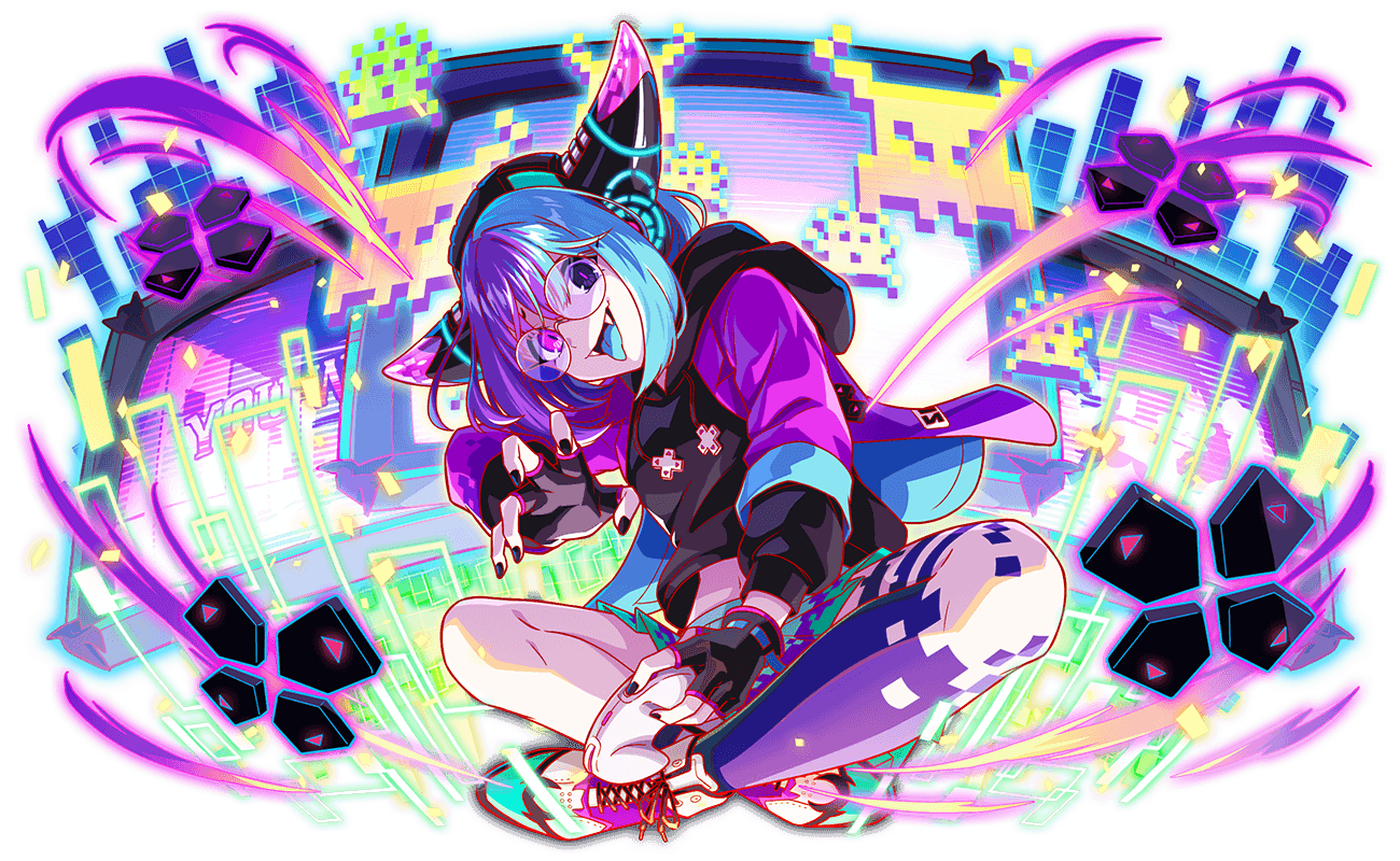 anime_coloring, aqua_hair, aqua_sleeve_cuffs, aqua_tongue, artist_request, asymmetrical_legs, bare_legs, black_gloves, black_headphones, black_hood, black_hoodie, black_nails, black_sleeve_cuffs, black_sleeves, blunt_bangs, bob_cut, chunithm, claw_pose, colored_skin, controller, crash_fever, cross-laced_footwear, crossed_legs, d-pad, d-pad_ornament, drawstring, english_text, eyelashes, fake_horns, fangs, fingerless_gloves, full_body, game_cg, game_controller, gloves, green_skirt, head_tilt, heterochromia, holding, holding_controller, holding_game_controller, hood, hoodie, horns, hyakki_(chunithm), jacket, knot, looking_at_viewer, medium_hair, midriff_peek, miniskirt, multicolored_footwear, multicolored_skin, navel, number_print, numbered, official_art, open_mouth, outline, pleated_skirt, purple_hair, purple_jacket, purple_skin, purple_skirt, purple_sleeves, red_outline, ribbon-trimmed_gloves, ribbon_trim, rimless_eyewear, round_eyewear, sega, shoes, sitting, skirt, sleeve_cuffs, sleeves_past_elbows, sneakers, solo, square, square_print, straight_hair, tachi-e, television, third-party_source, tongue, tongue_out, transparent_background, two-sided_fabric, two-sided_jacket, two-tone_skin, two-tone_skirt, violet_eyes, white_skirt