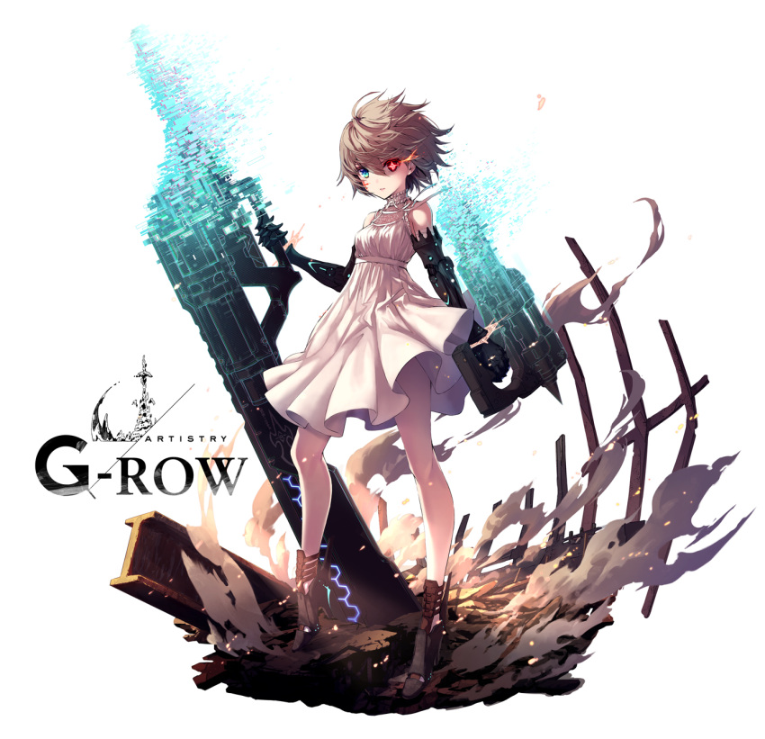 1girl, ahat_(dare_ga_tame_no_alchemist), breasts, brown_footwear, brown_hair, closed_mouth, commentary_request, dare_ga_tame_no_alchemist, dress, dust_cloud, green_eyes, heterochromia, high_heels, highres, holding, off_shoulder, official_art, red_eyes, rinzo, short_hair, skirt, small_breasts, solo