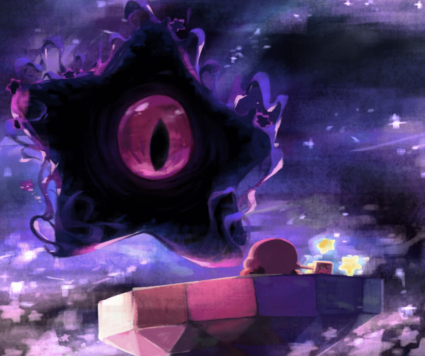 battle, colored_skin, commentary_request, dark_nebula, darkness, face-to-face, floating, from_behind