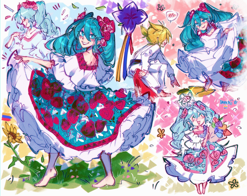 1boy, 1girl, aqua_eyes, aqua_hair, barefoot, colombian_clothes, dress, earrings