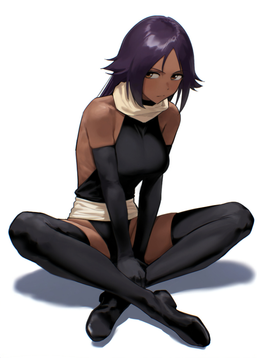 1girl, bare_shoulders, belt, between_legs, black_footwear, black_gloves, black_leotard, bleach