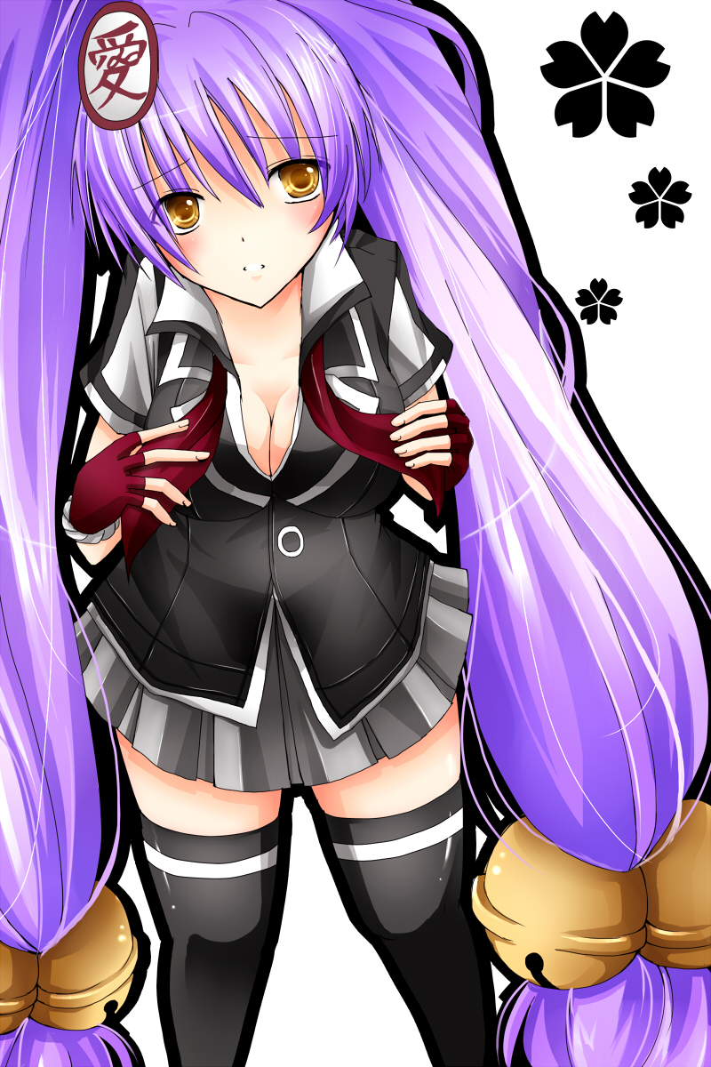 cleavage, hair_bobbles, hair_ornament, highres, hyakka_ryouran_samurai_girls, kanetsugu_naoe, large_breasts, long_hair