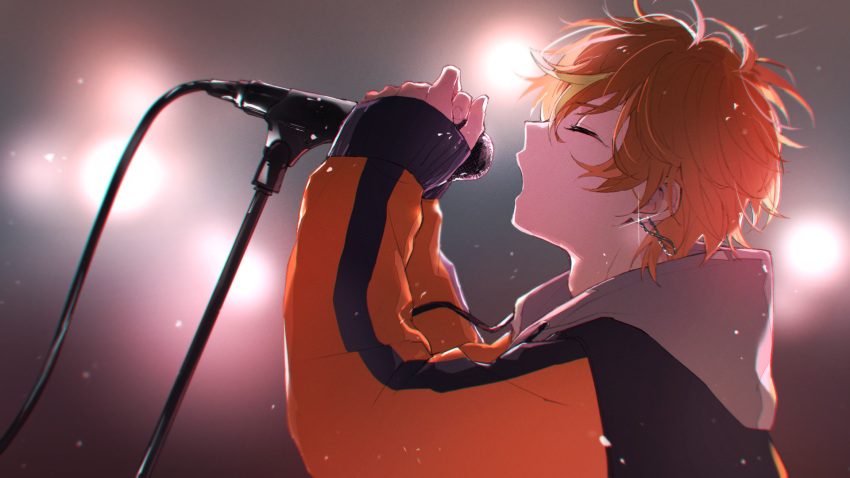 1boy, arms_up, closed_eyes, drawstring, ear_piercing, earrings, highres, holding
