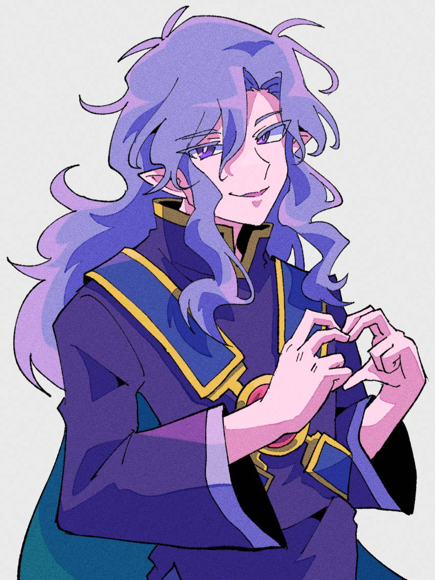 1boy, 6-finger_heart_hands, antenna_hair, aqua_cape, bishounen, bright_pupils, cape, crooked_smile