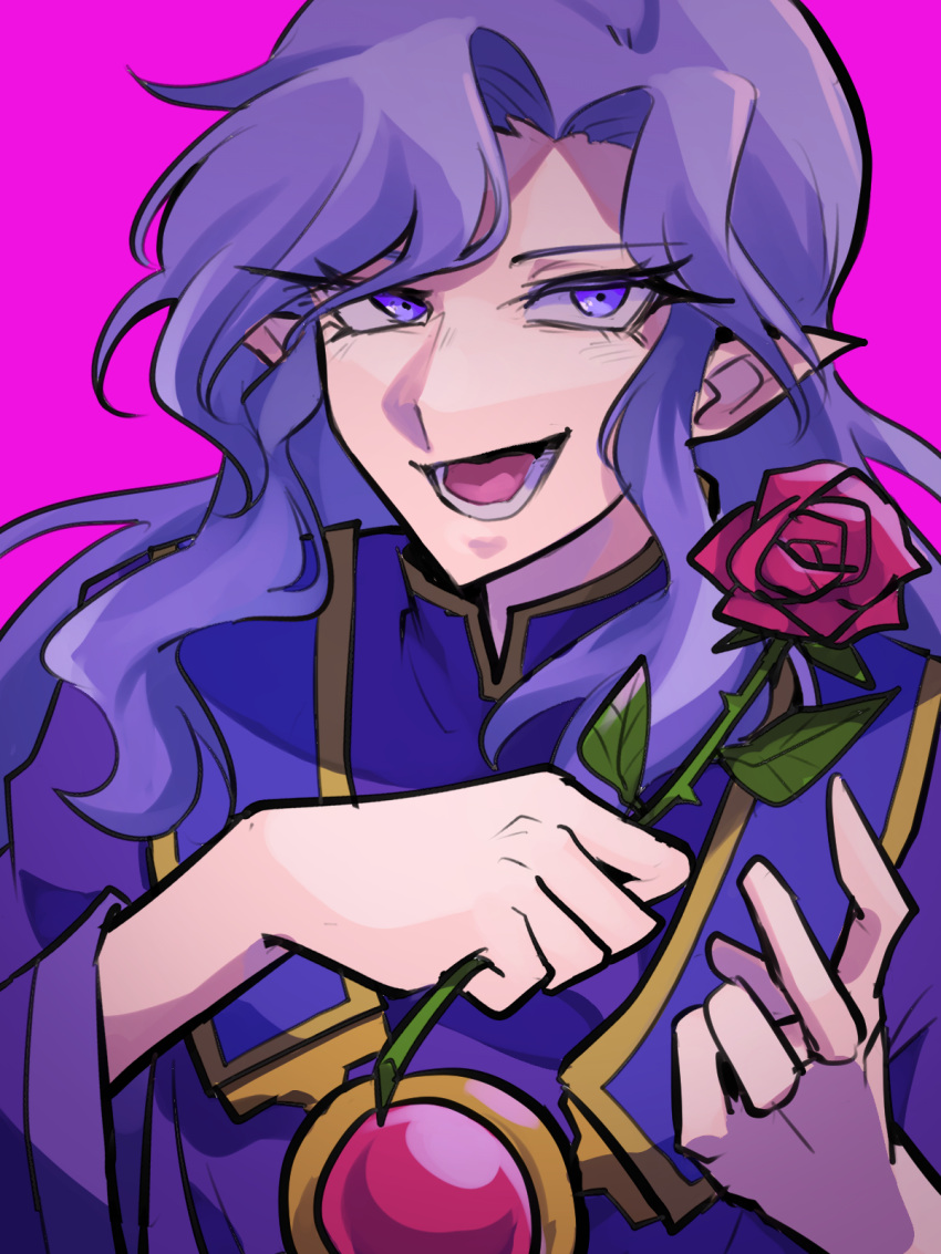 1boy, crooked_smile, curtained_hair, flower, hands_up, highres, holding, holding_flower, incubus_(puyopuyo), long_eyelashes, long_hair, long_sleeves, looking_to_the_side, lower_teeth_only, male_focus, mandarin_collar, medallion, nooa_(souzikisuki), open_mouth, pink_background, pointy_ears, purple_hair, purple_robe, puyopuyo, red_flower, red_rose, robe, rose, side_part, sidelocks, sideways_glance, simple_background, sketch, solo, teeth, tongue, upper_body, very_long_hair, violet_eyes, wavy_hair, wide_sleeves, yellow_trim