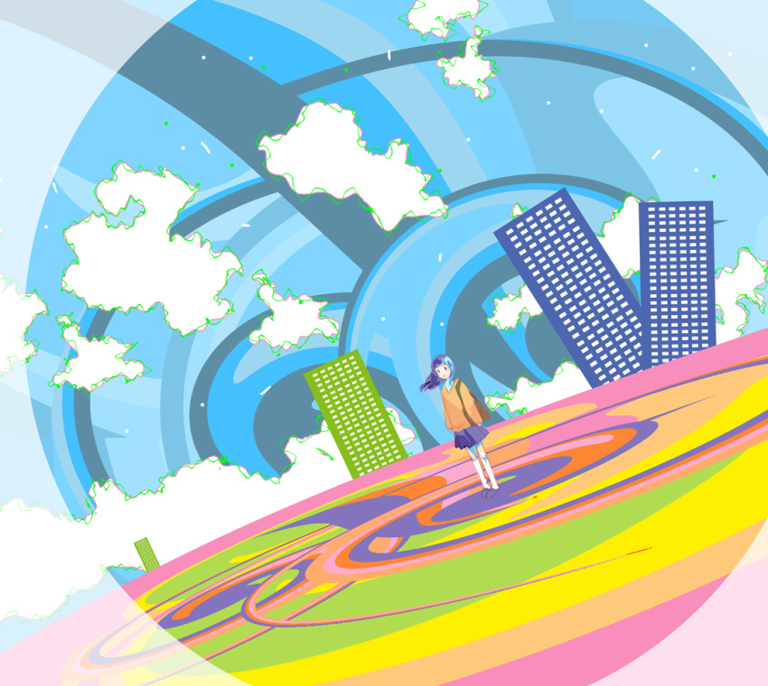 city, cityscape, kazaana, original, pop_art, sky, solo, standing