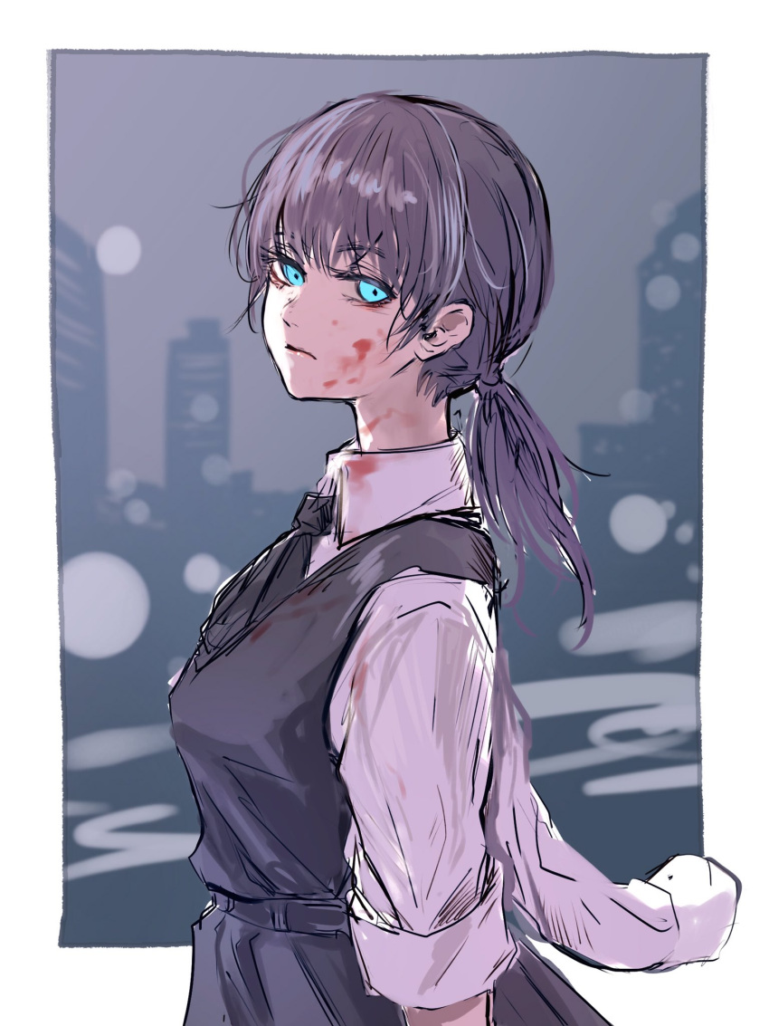 1girl, 8nocheese, black_bow, black_bowtie, black_dress, black_hair, blood, blood_on_clothes
