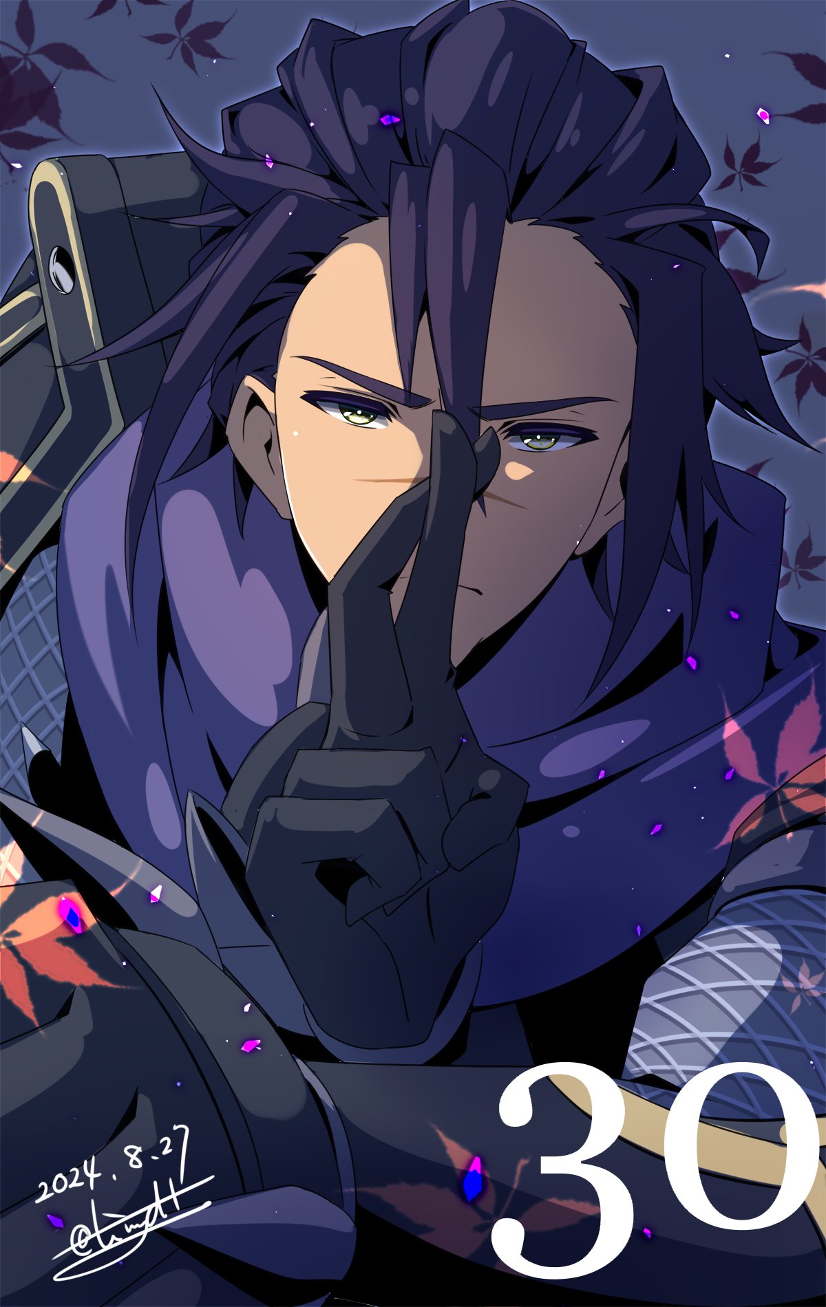 1boy, armor, black_gloves, countdown, dated, eiyuu_densetsu, falling_leaves, gloves