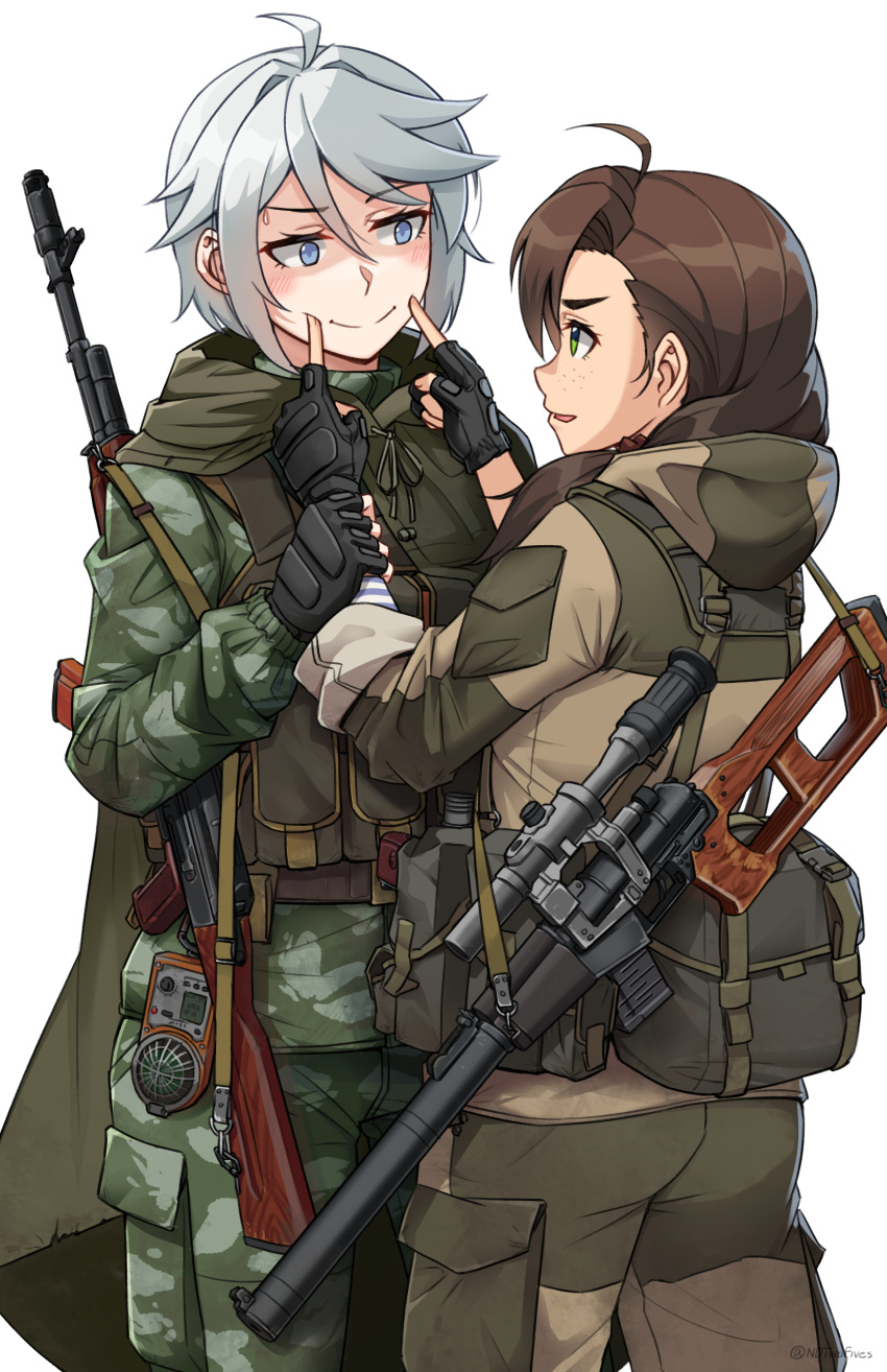 2girls, absurdres, ak-74, ass, assault_rifle, black_gloves, brown_cloak, brown_hair