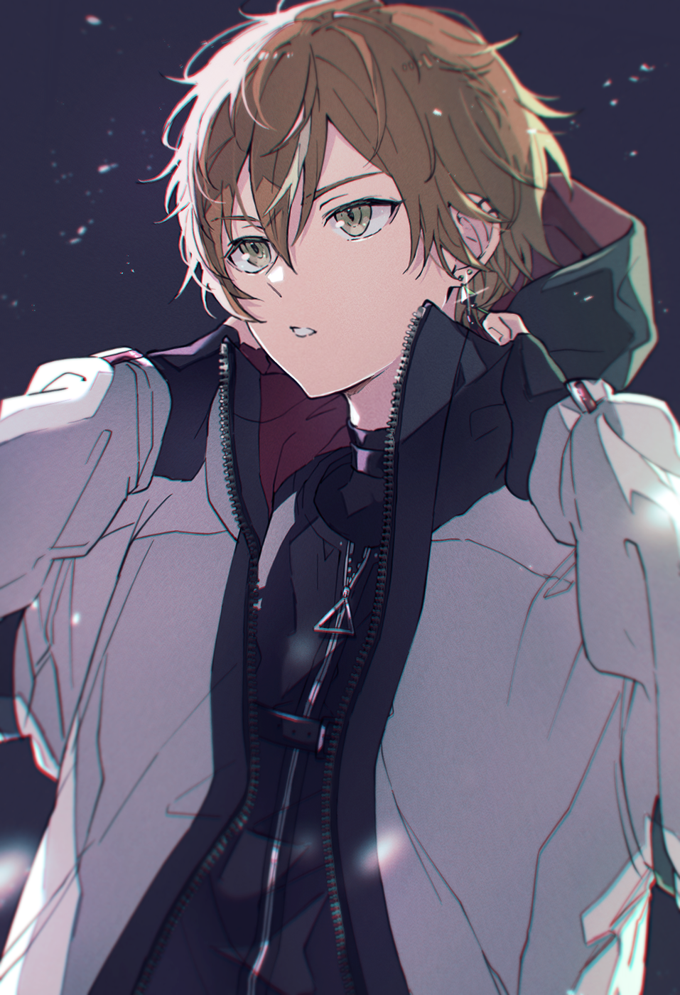 1boy, arms_up, black_background, black_gloves, black_shirt, commentary, ear_piercing, earrings