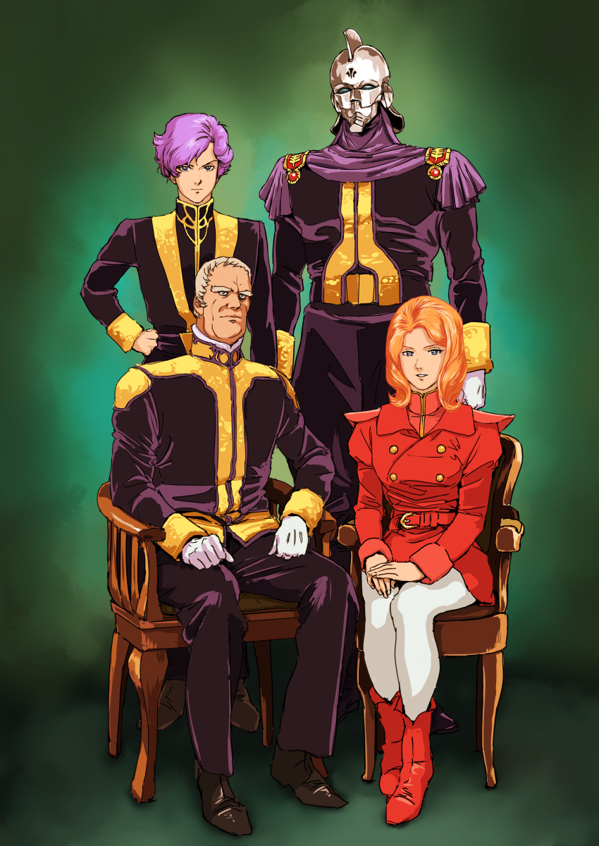 1girl, 3boys, absurdres, berah_ronah, boots, carozzo_ronah, cecily_fairchild, chair, commentary_request, crossbone_vanguard, dorel_ronah, gloves, grey_hair, gundam, gundam_f91, helmet, highres, mask, meitzer_ronah, military, military_uniform, multiple_boys, multiple_girls, old, orange_hair, purple_hair, science_fiction, sitting, teikoku_jokyoku, uniform