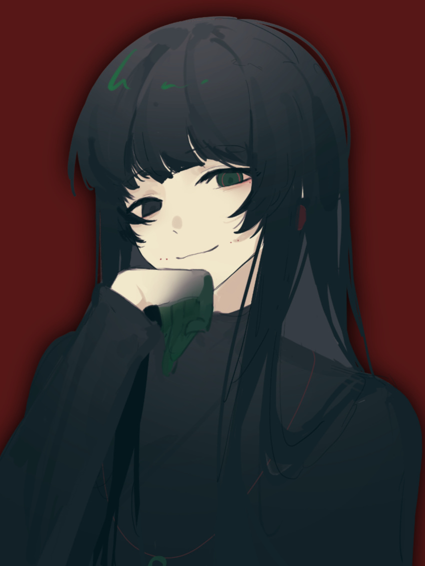1girl, black_eyes, black_hair, black_shirt, blunt_bangs, chinese_commentary, closed_mouth, colored_extremities