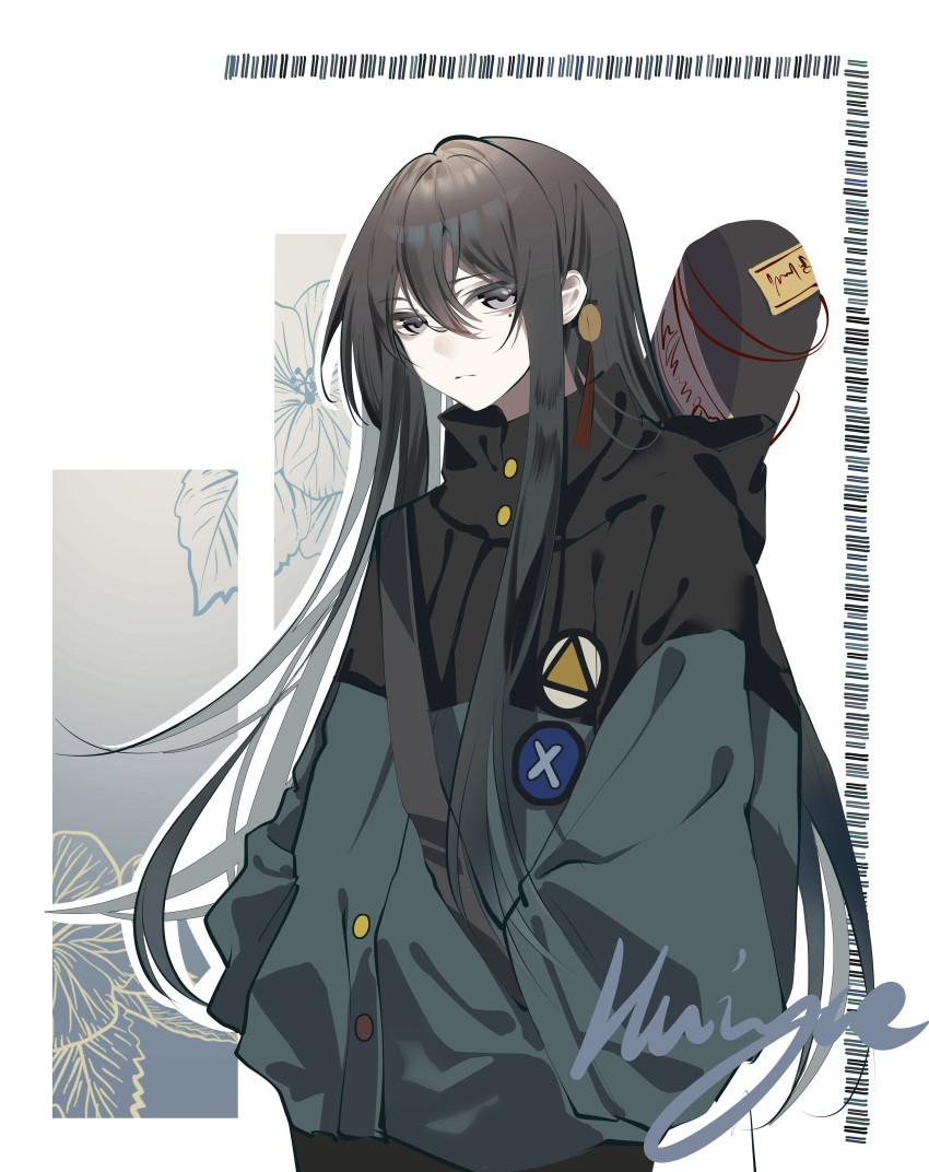 1boy, absurdres, black_hair, black_pants, closed_mouth, green_jacket, grey_eyes, hands_in_pockets
