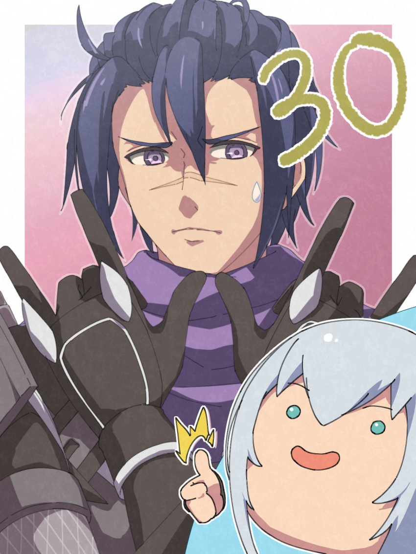 1boy, 1girl, \m/, ^^^, blue_hair, border, chiharu_(9654784), closed_mouth