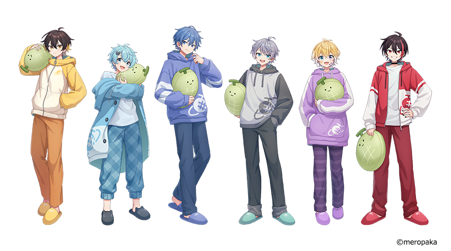6+boys, :d, adjusting_clothes, ahoge, animal_slippers, aqua_footwear, black_choker, black_footwear