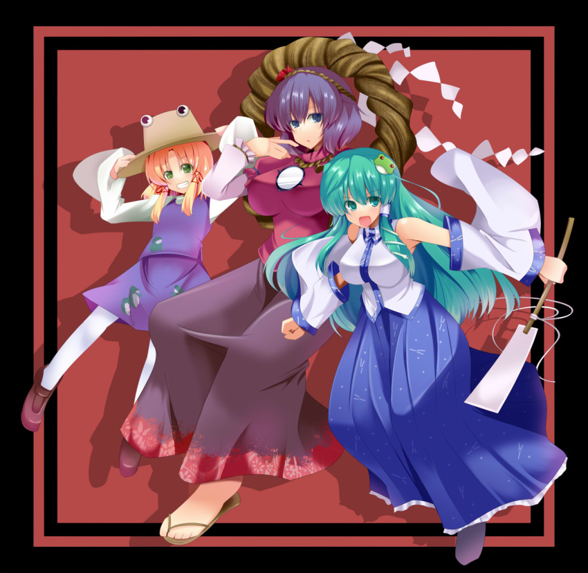aqua_eyes, aqua_hair, blonde_hair, blue_eyes, gohei, green_eyes, grin, hat