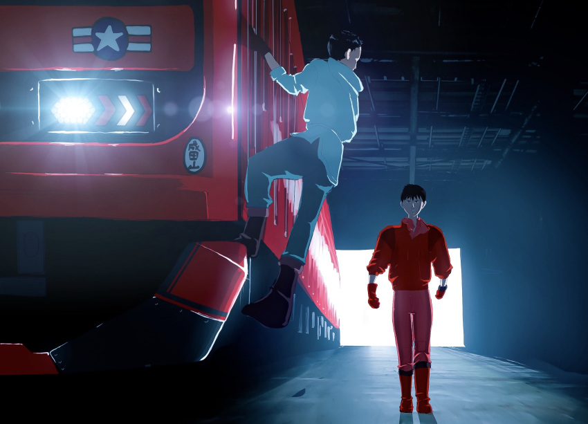 209all, 2boys, akira_(manga), black_footwear, black_gloves, black_hair, blue_pants, boots