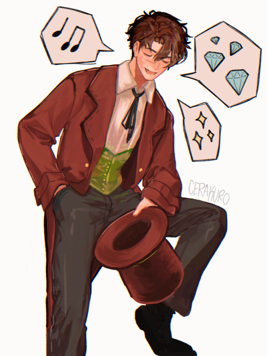 1boy, animification, brown_hair, cerakuro, closed_eyes, coat, commentary, corset
