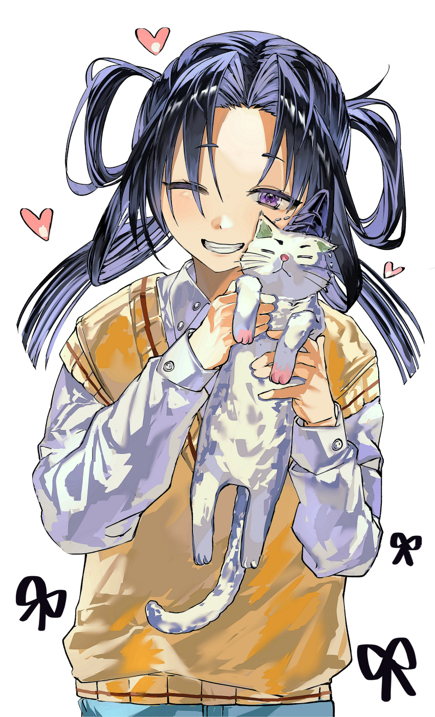 1boy, absurdres, animal, animalization, black_hair, blush, bow-shaped_hair, buttoned_cuffs