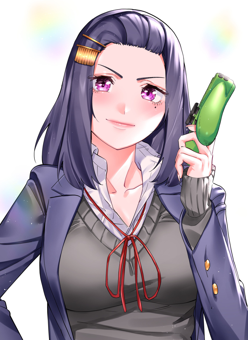 1girl, absurdres, akino_sayuri, black_cardigan, black_hair, blazer, blue_jacket, breasts