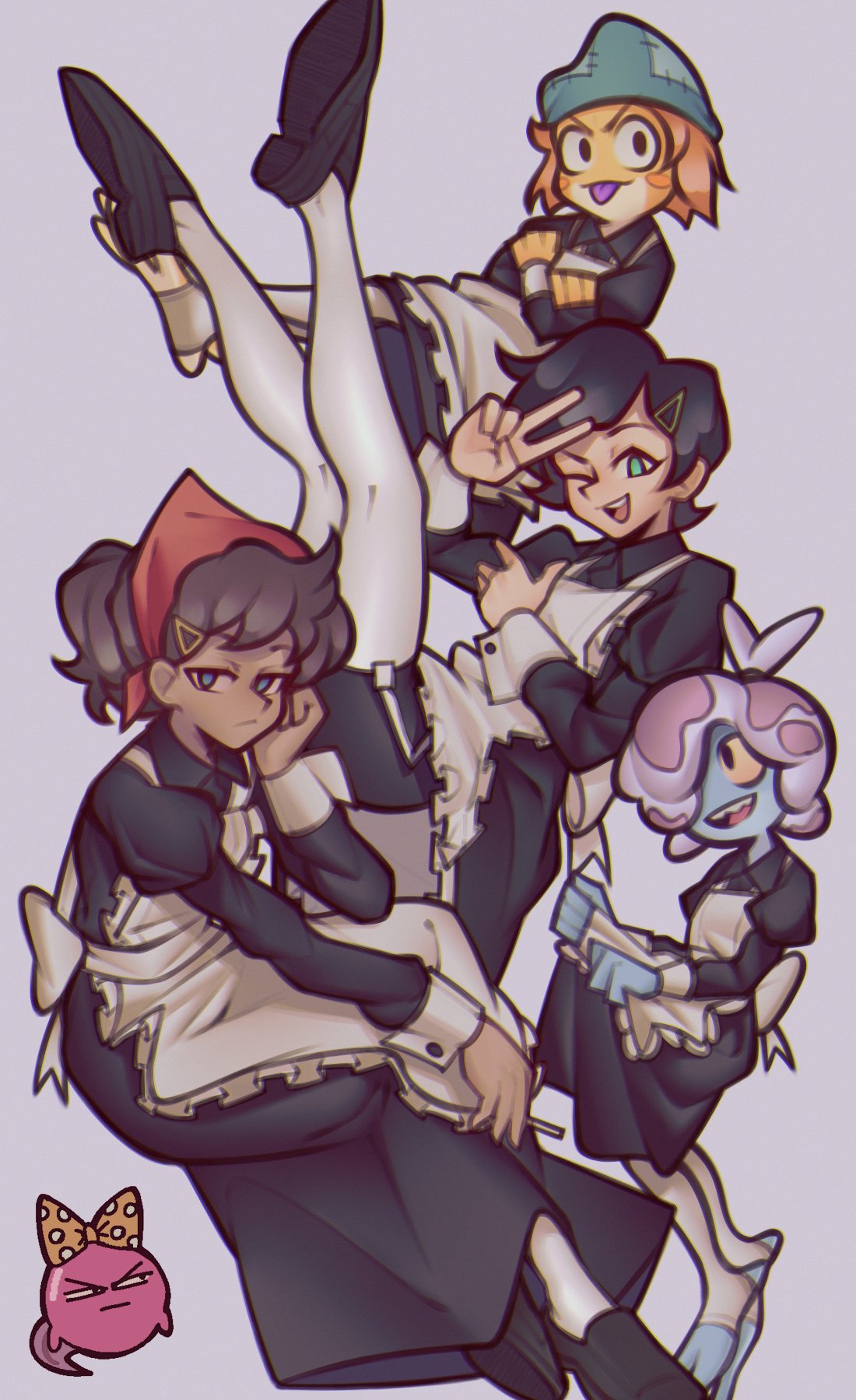 5girls, amphibia, anne_boonchuy, apron, black_footwear, black_hair, blue_eyes, bow