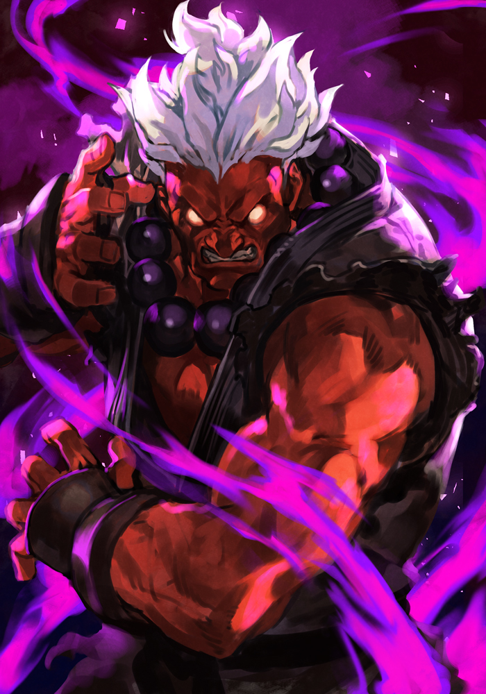 1boy, akuma_(street_fighter), angry, aura, bead_necklace, beads, dougi, fingerless_gloves, gloves, glowing, glowing_eyes, hankuri, jewelry, necklace, no_pupils, prayer_beads, shin_akuma, solo, street_fighter, teeth, topknot, white_hair