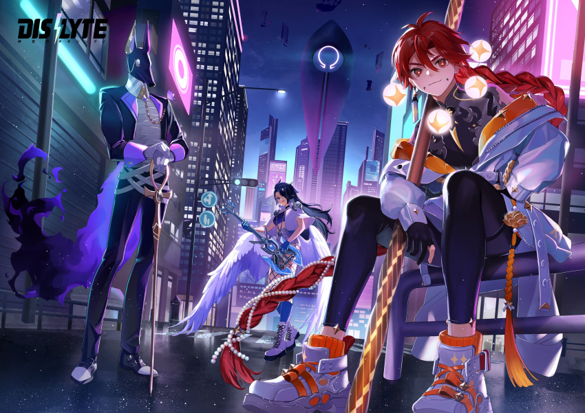 1girl, 2boys, absurdres, angel_wings, bandaged_chest, bandaged_hand, bandages, bandeau