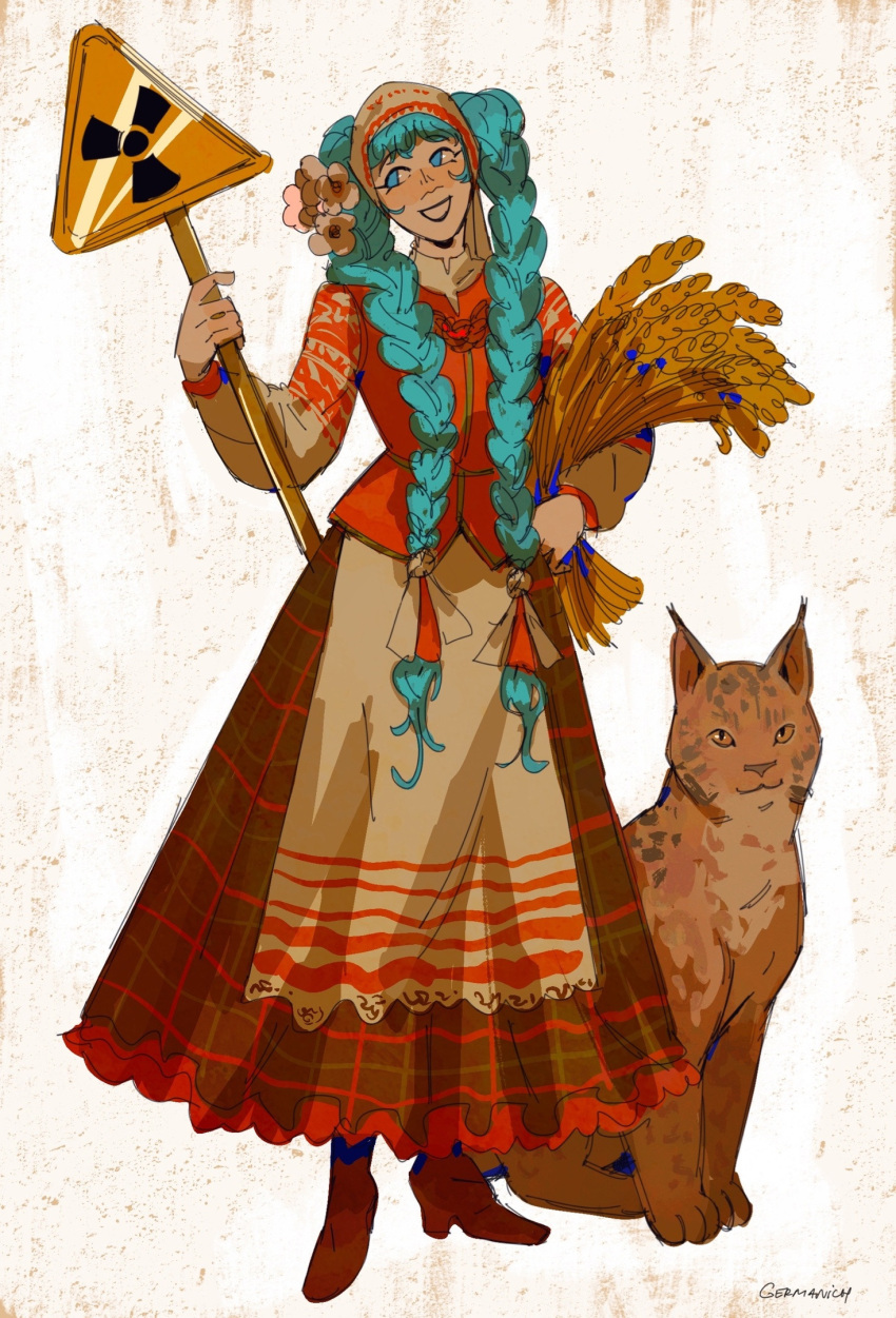 1girl, :d, aqua_hair, artist_name, blue_eyes, brown_dress, brown_footwear, cat