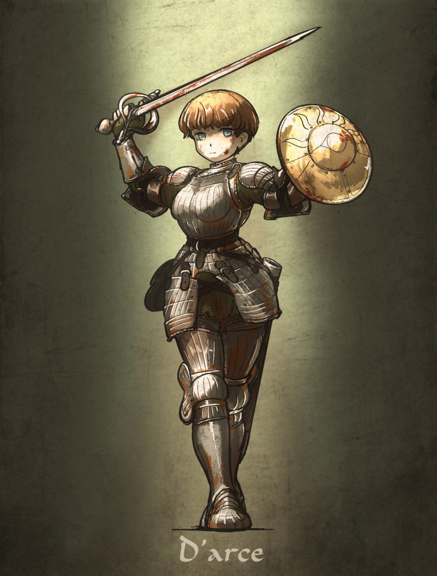 1girl, arm_up, armor, blood, blood_on_weapon, blue_eyes, boobplate, bowl_cut, brown_gloves, buckler, character_name, commentary, couter, d'arce_(fear_&amp;_hunger), dirty, dirty_face, fear_&amp;_hunger, fingerless_gloves, full_body, gloves, greaves, hand_up, highres, holding, holding_shield, holding_sword, holding_weapon, ironlily, knight, orange_hair, outstretched_arm, pauldrons, rapier, rust, sabaton, shield, short_hair, shoulder_armor, solo, standing, sword, weapon, yellow_background