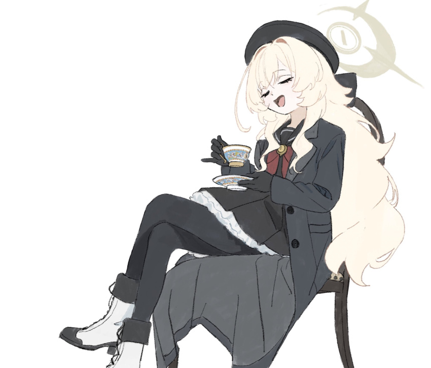1girl, black_coat, black_gloves, black_hat, black_pantyhose, blonde_hair, blue_archive, boots