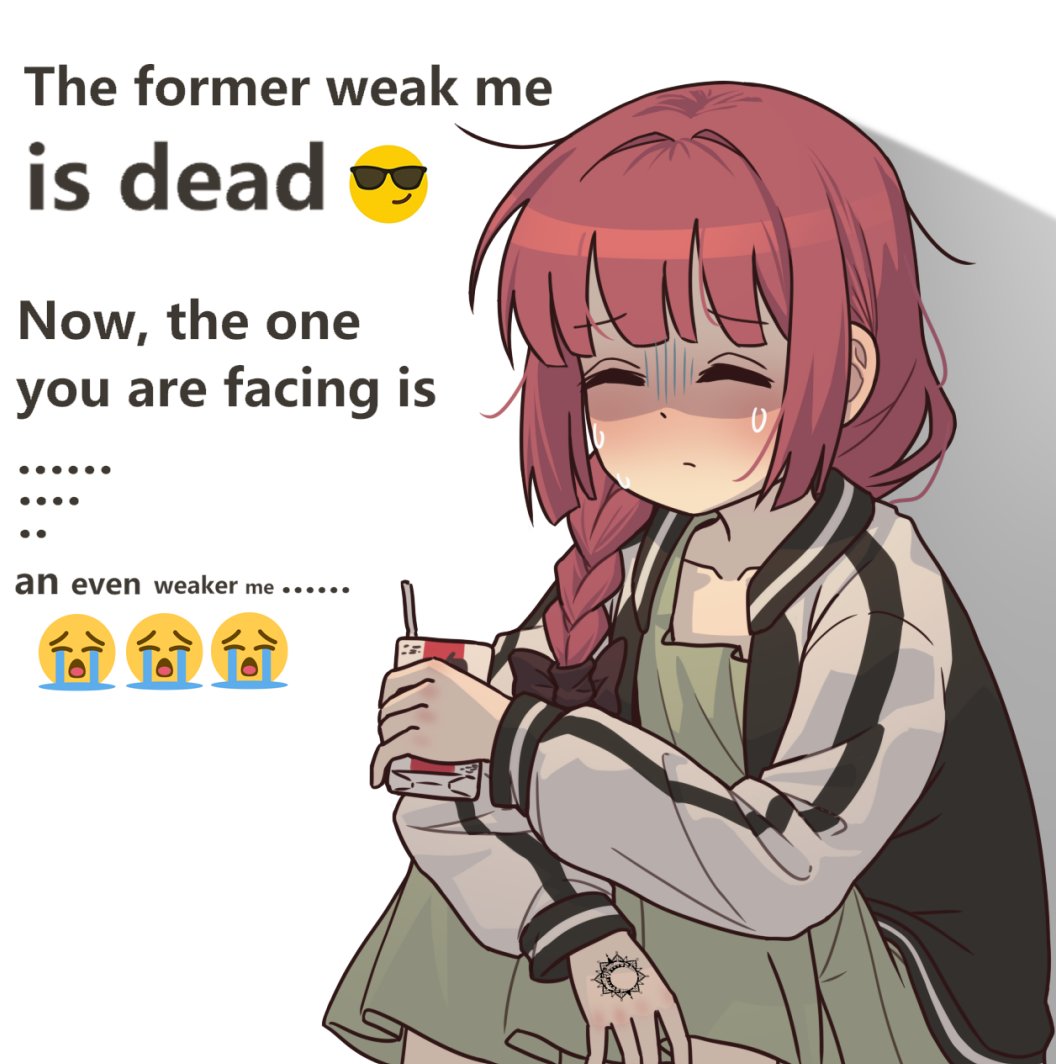 black_jacket, bocchi_the_rock!, closed_eyes, crying_emoji, dress, emoji, english_text, green_dress, hand_tattoo, hiroi_kikuri, jacket, juice_box, multicolored_clothes, multicolored_jacket, myvia_mokols, redhead, side_ponytail, sitting, sweat, tattoo, two-tone_jacket, white_jacket, worried