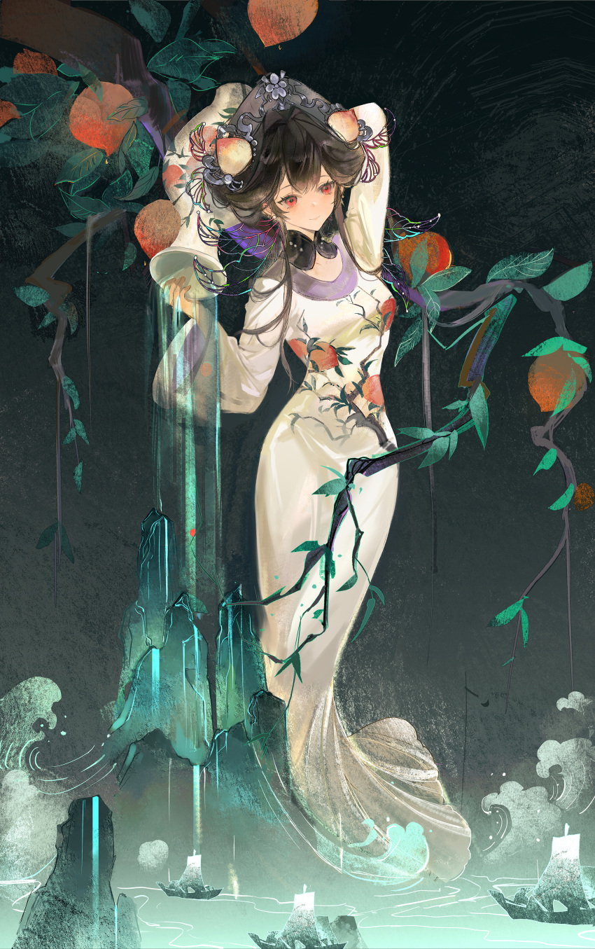1girl, absurdres, aojizesi, arm_up, black_hair, black_hat, boat, branch