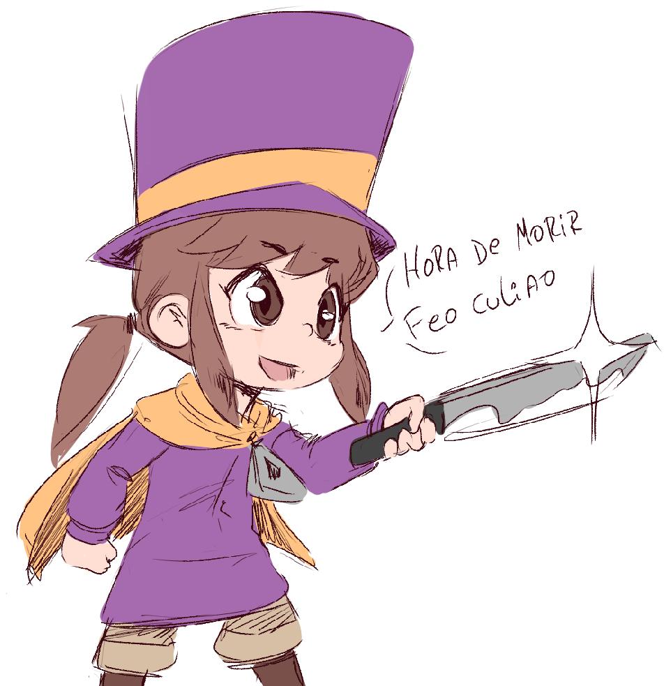 1girl, a_hat_in_time, boots, brown_eyes, brown_footwear, brown_hair, brown_pants, cape, commentary, english_commentary, hair_tie, hat, hat_kid, holding, holding_knife, jacket, kitchen_knife, knife, long_sleeves, medium_hair, open_mouth, pants, ponytail, purple_hat, purple_jacket, simple_background, solo, spanish_text, speech_bubble, spicy_bardo, talking, top_hat, white_background, yellow_cape, zipper_pull_tab