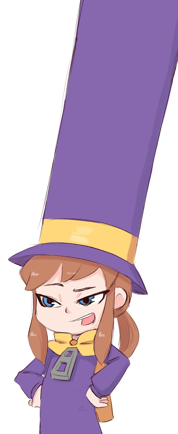 1girl, a_hat_in_time, blue_eyes, brown_hair, cape, commentary, english_commentary, hands_on_own_hips, hat, hat_kid, highres, jacket, long_sleeves, looking_ahead, medium_hair, open_mouth, ponytail, purple_hat, purple_jacket, simple_background, solo, spicy_bardo, tall_hat, top_hat, upper_body, white_background, yellow_cape, zipper_pull_tab