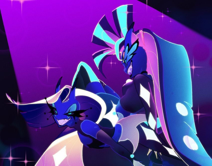 2girls, blackkatdraws, blue_hair, blue_skin, colored_skin, demon_girl, demon_horns, evil_grin
