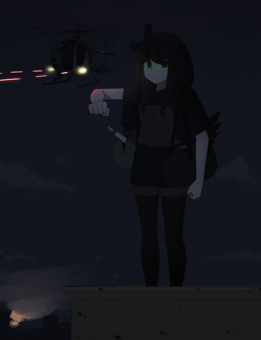 1girl, absurdres, aircraft, atamonica, bag, cloak, duffel_bag, helicopter, highres, hood, hooded_cloak, leggings, mh-6_little_bird, night, night_sky, night_vision_device, original, projectile_trail, rocket, short_sleeves, shorts, sky