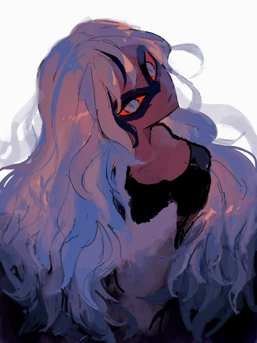 1girl, :/, carmilla_carmine_(hazbin_hotel), colored_sclera, dark-skinned_female, dark_skin, grey_eyes, hazbin12345