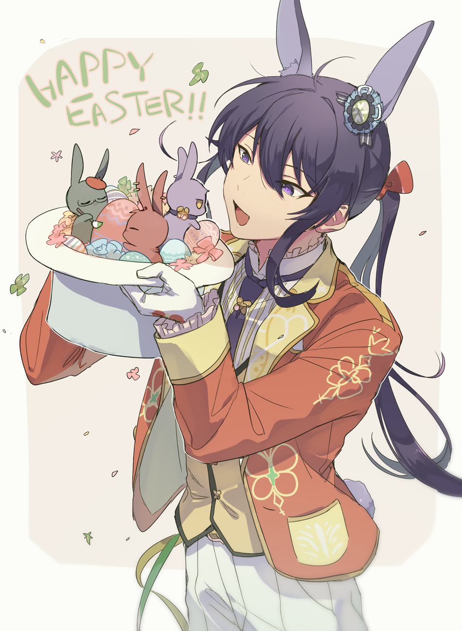 1boy, :d, animal_ears, animalization, beret, border, bow, class_live_(ensemble_stars!)