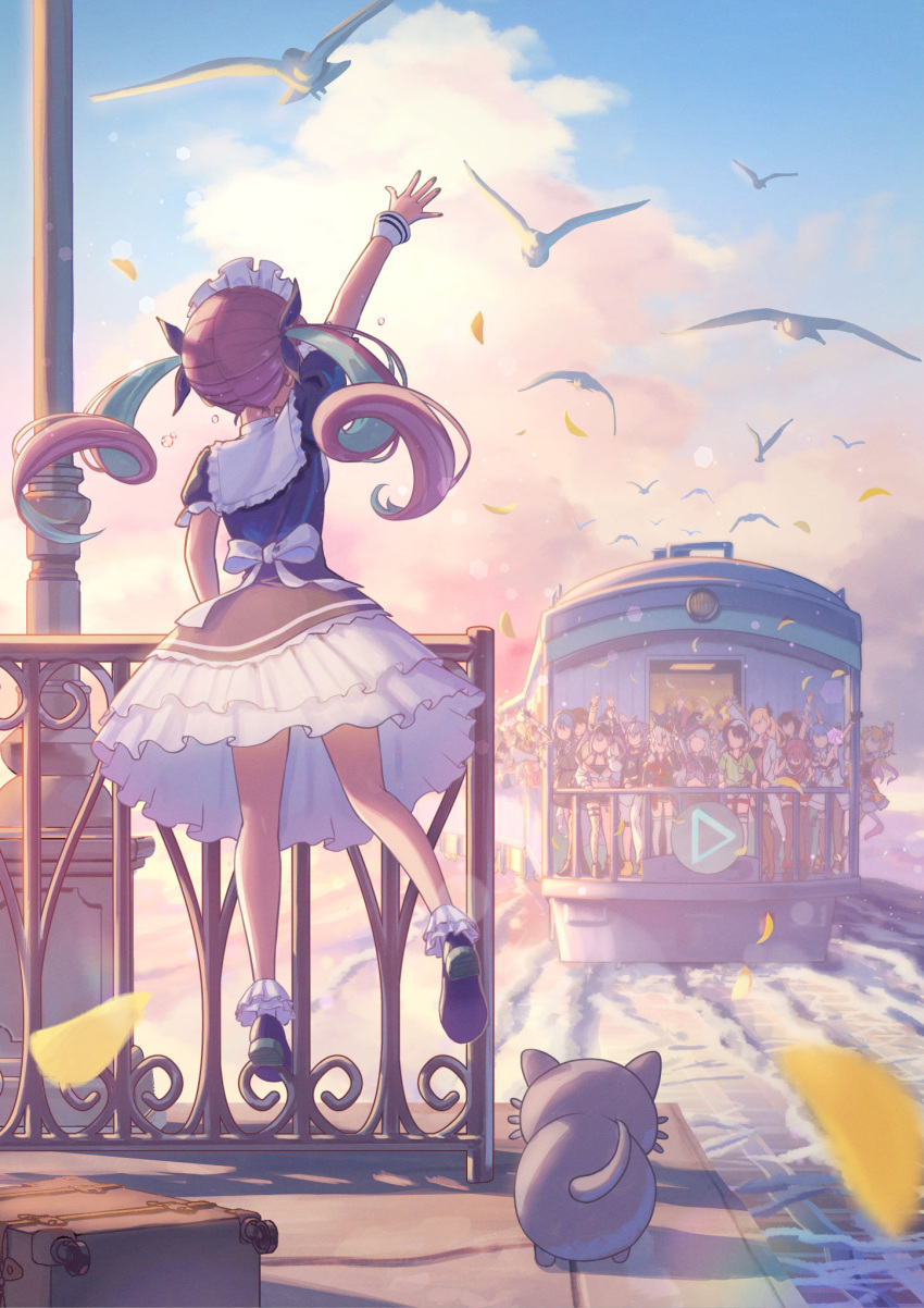 bird, blue_hair, bow, colored_inner_hair, dress, frilled_dress, frilled_sailor_collar, frills