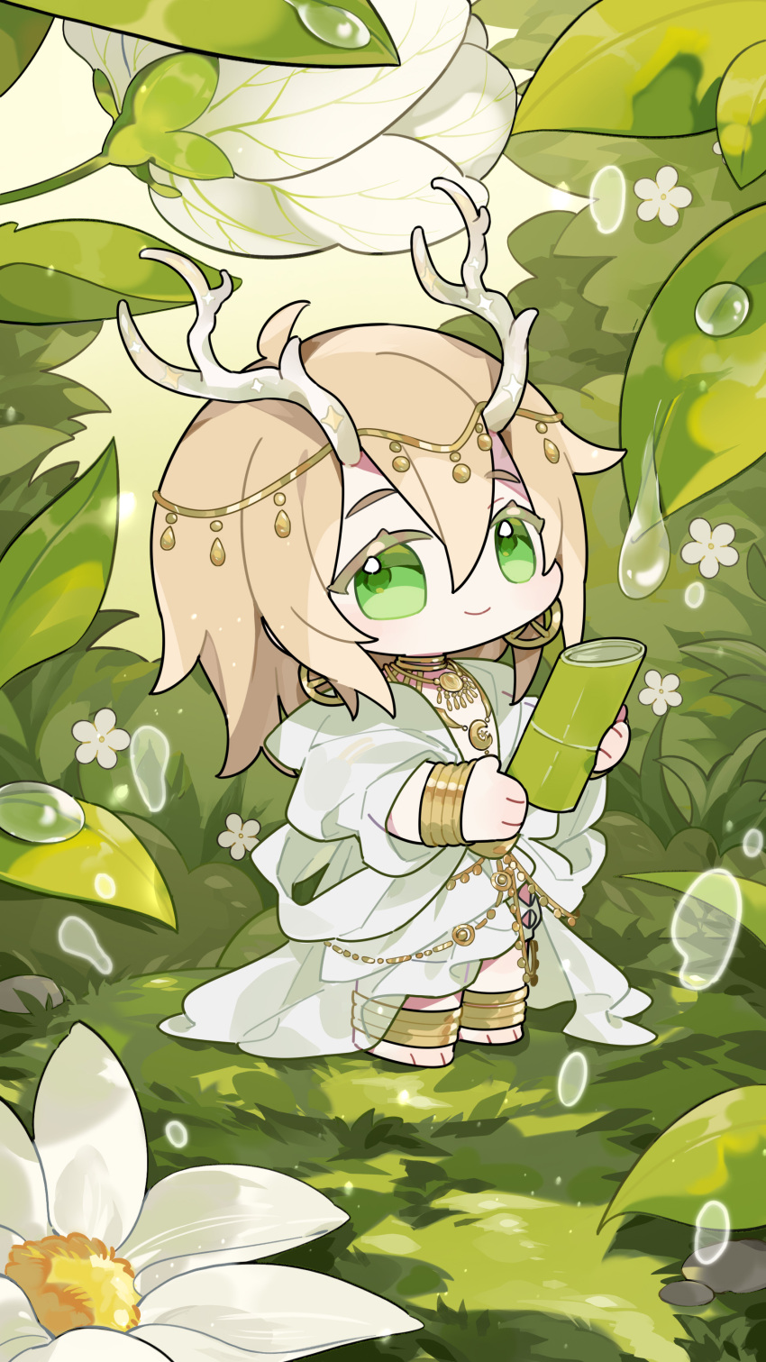 1boy, absurdres, alkaid_mcgrath, anklet, antlers, bamboo_cup, barefoot, blonde_hair